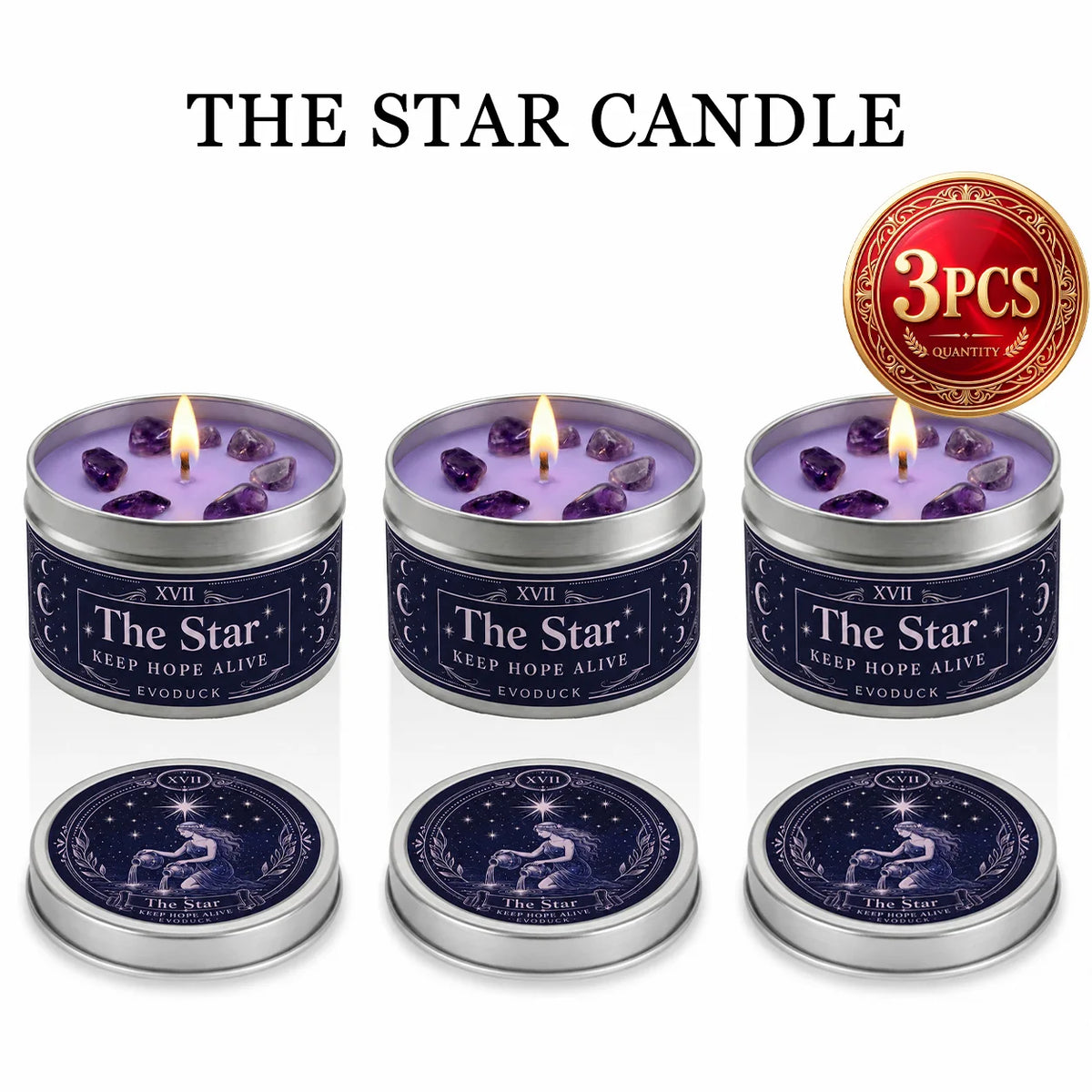 The Star Tarot Candle, Water Lily & Lilac Scented, with Amethyst Crystal , Lavender Wax Silver Tin, Candle for Meditation, 1/2/3 Sets, 3 Oz