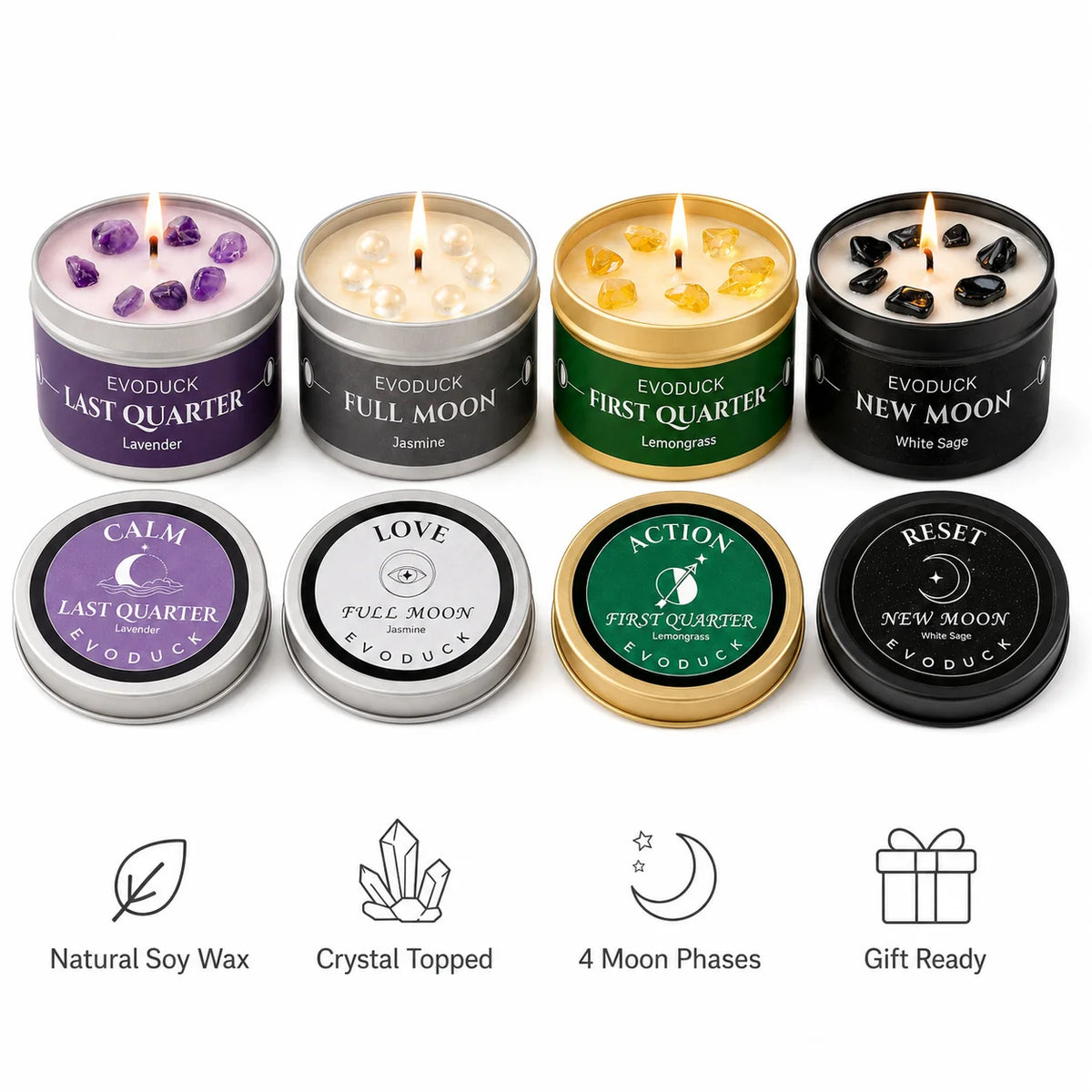 Moon Phase Crystal Scented Candle Set, 3oz White Sage, Lemongrass, Jasmine and Lavender Aromatherapy, 9 Different variations Sets.....