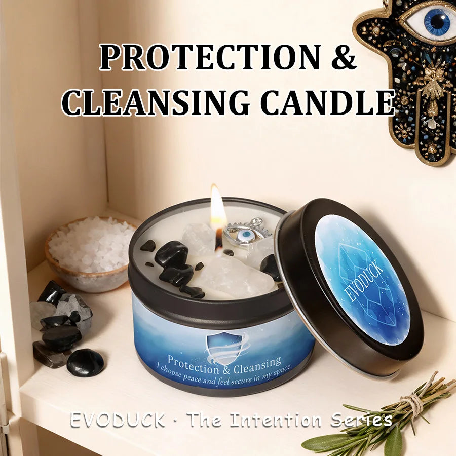 3/2/1Pcs. Protection & Cleansing Scented Candle Set, White Sage & Frankincense Scented Soy Candles with Black Tourmaline & Evil Eye Charm, Negative Energy Clearing 3 Oz. Each 10 Different