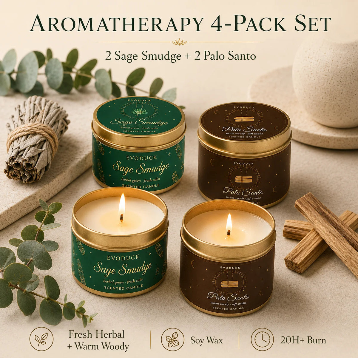 4 Pack Candle Set 2 Sage Smudge 2 Palo Santo Soy Wax Scented Candles in Gold Travel Tin 20H+ Burn......