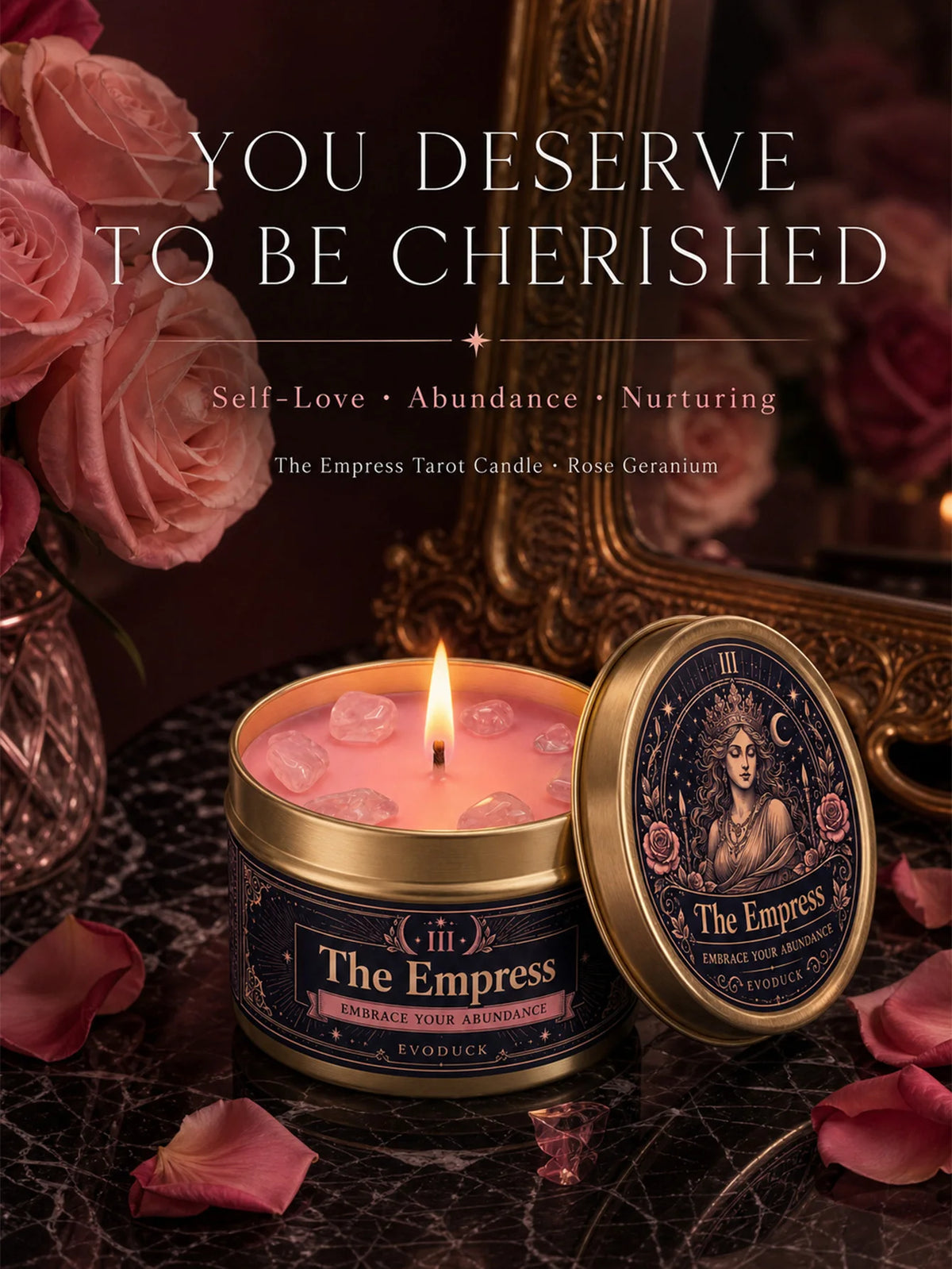 The Empress Tarot Candle, Rose Geranium Scented Candle with Rose Quartz Crystal Stones, For Meditation, 3/2/1 Sets.....