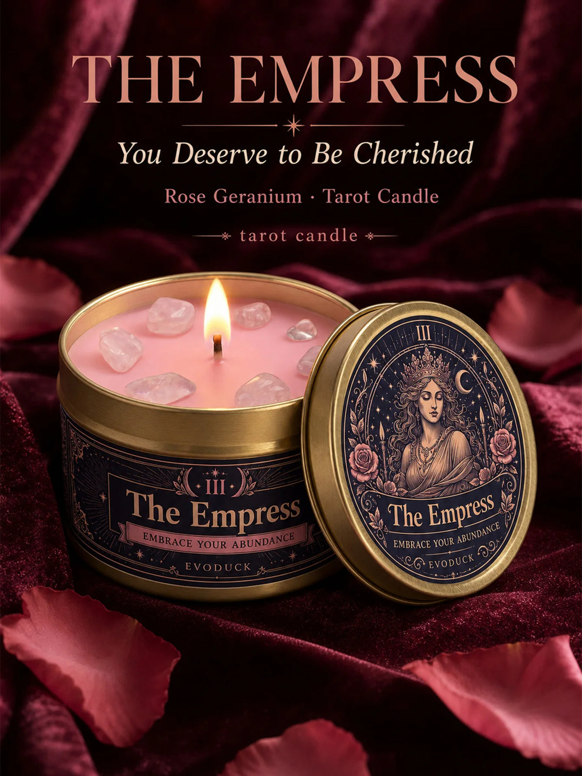 The Empress Tarot Candle, Rose Geranium Scented Candle with Rose Quartz Crystal Stones, For Meditation, 3/2/1 Sets.....