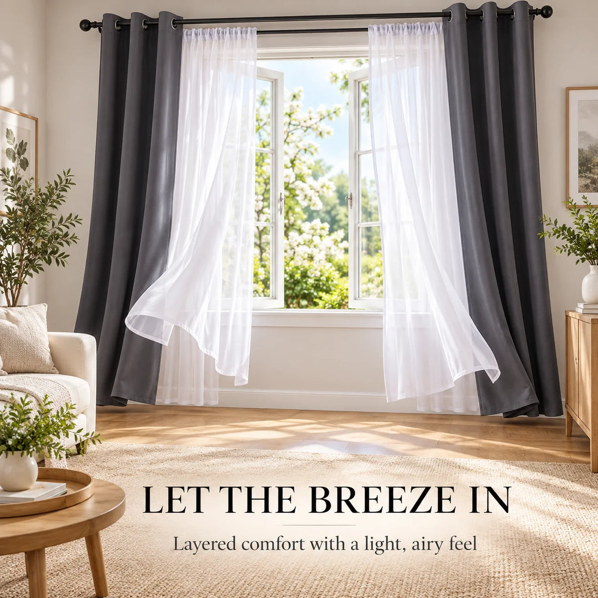 82X54 In Modern double Layer Curtains Set White Sheer And Dark Grey Blackout for Bedroom Living Room