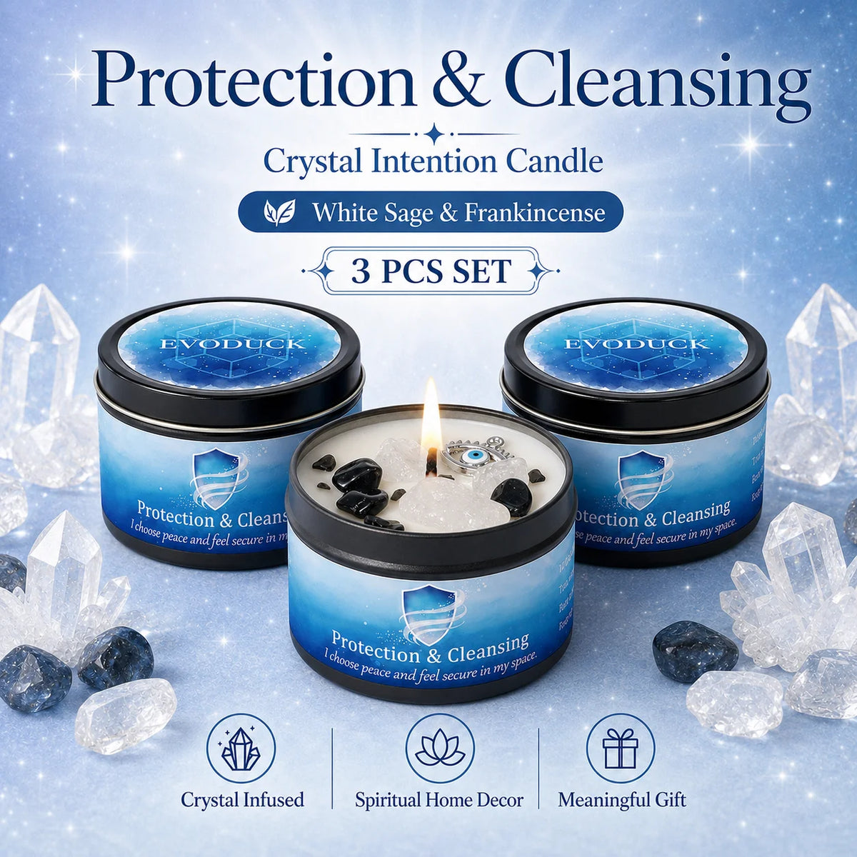 3/2/1Pcs. Protection & Cleansing Scented Candle Set, White Sage & Frankincense Scented Soy Candles with Black Tourmaline & Evil Eye Charm, Negative Energy Clearing 3 Oz. Each 10 Different