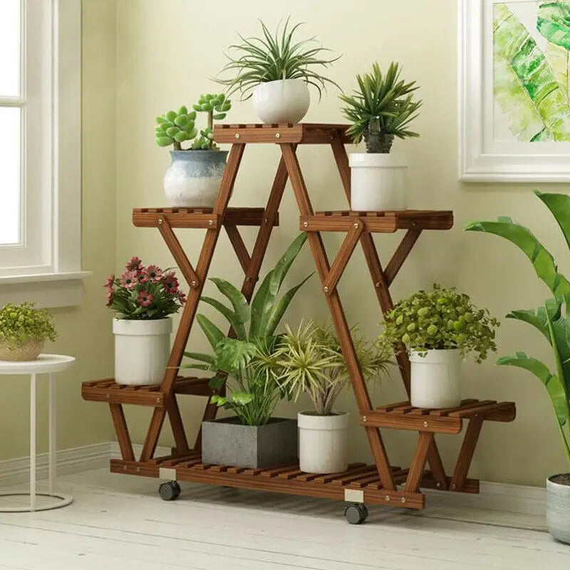 Wooden Plant Stand 6 Potted, with Wheels
