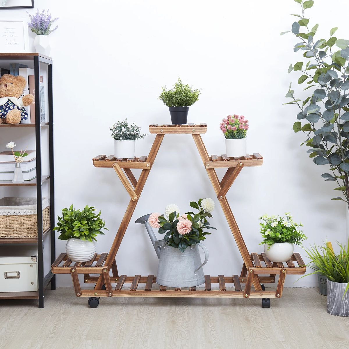 Wooden Plant Stand 6 Potted, with Wheels