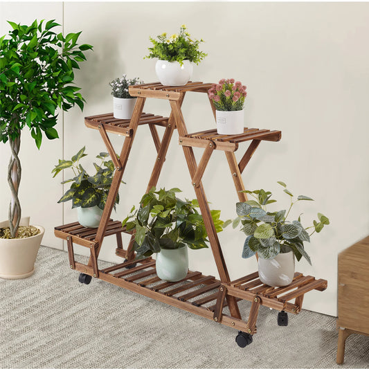 Wooden Plant Stand 6 Potted, with Wheels