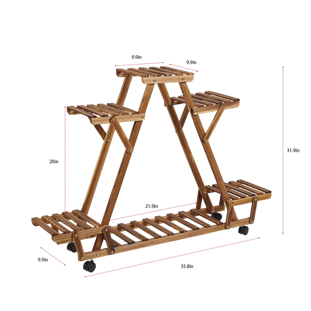 Wooden Plant Stand 6 Potted, with Wheels