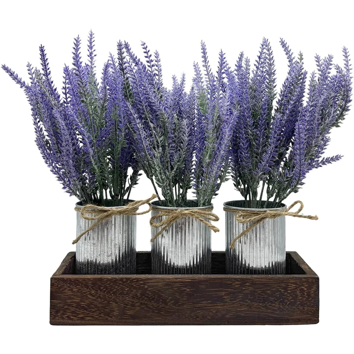 3-Piece Lavender Flowers Artificial with Wood Tray Set, with Galvanized Metal Bucket,