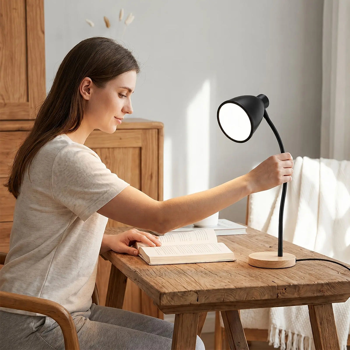 Desk Lamp ,Dimmable, with Flexible Gooseneck Black Metal Shade & Wooden Base USB Powered