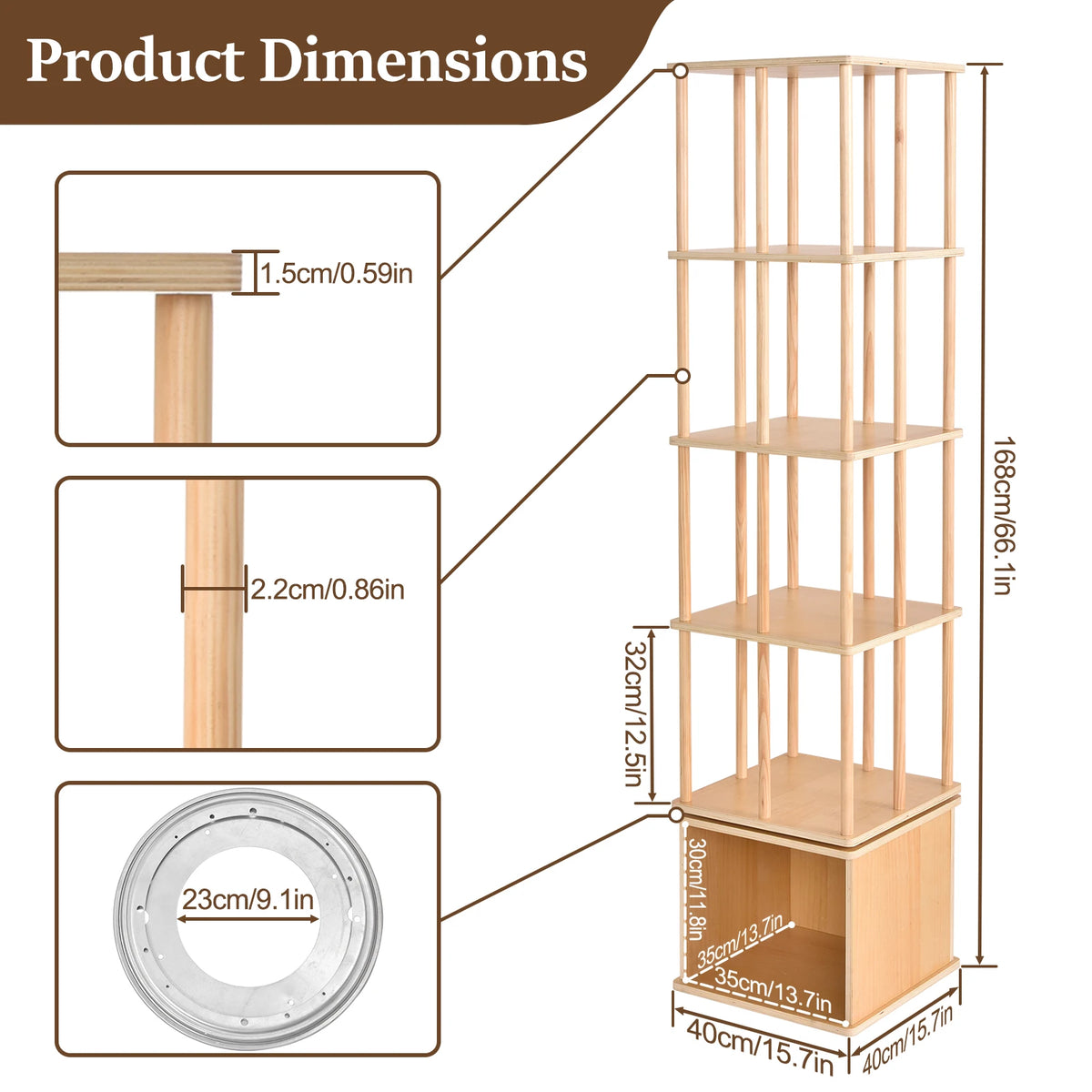 5-Tier Rotating Bookshelf, Solid Wood Bookcase, Freestanding Revolving Shelf.....