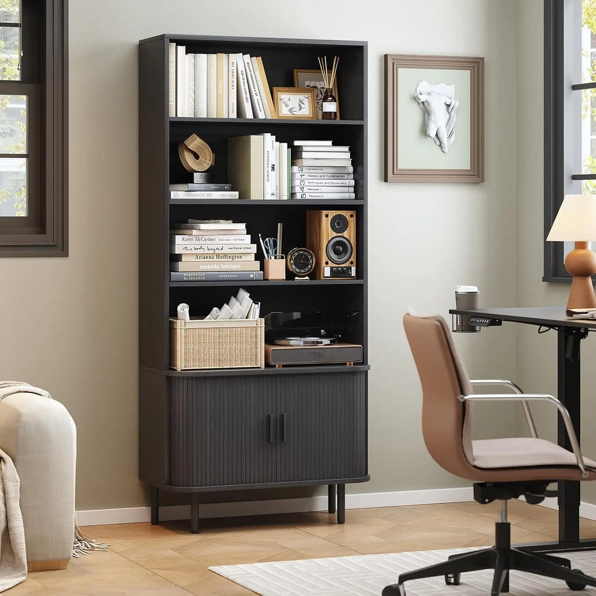 71 Inch Sliding Door Wooden Bookshelf with Adjustable Shelves, Freestanding.....