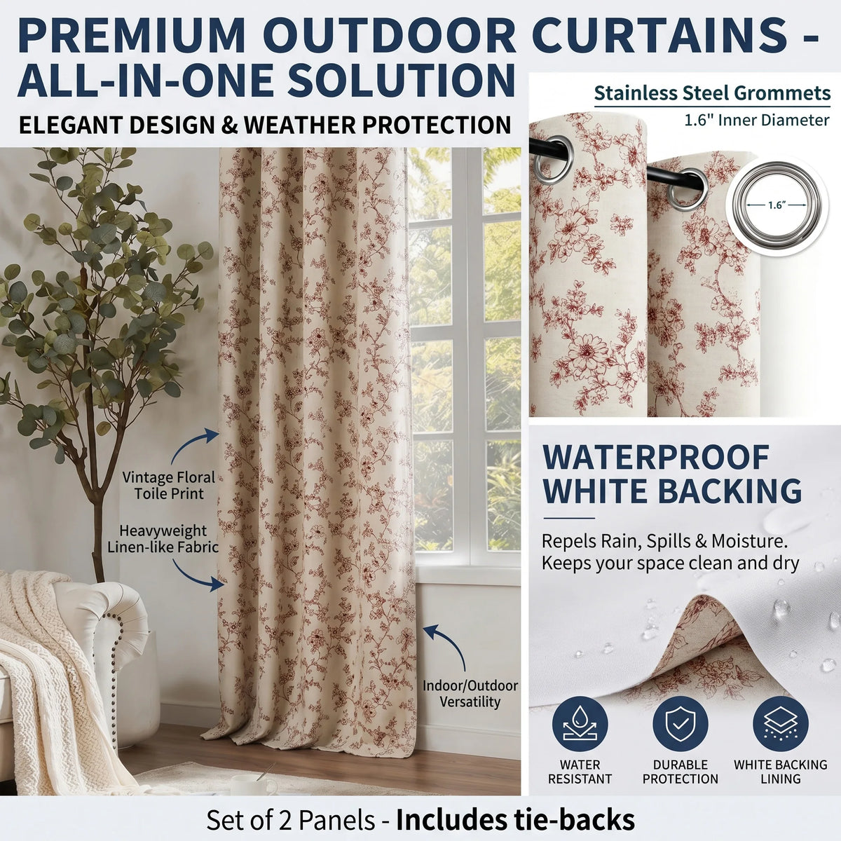 4 Sizes 2 Panels Floral Print Blackout Curtains, Grommet Top, 4 Colors.....