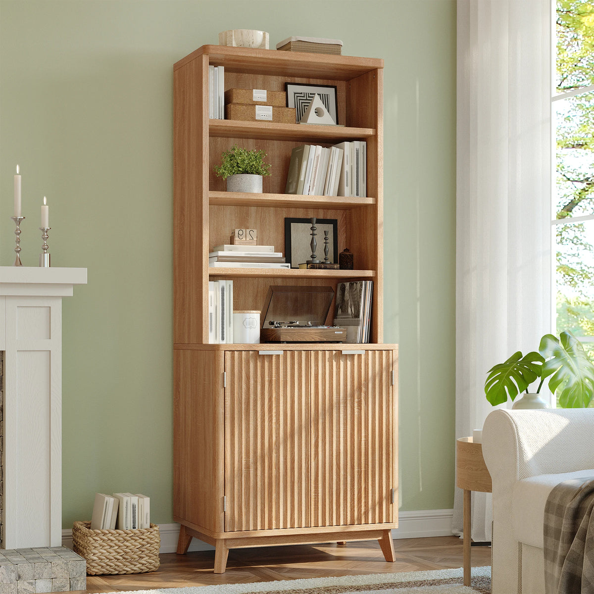 6-Tier Wooden Bookshelf, With Doors & Adjustable Shelves, Walnut....
