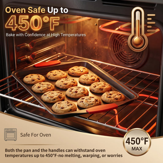 3Pcs Carbon Steel Non‑Stick Baking Pan Set With Red Silicone Handle....