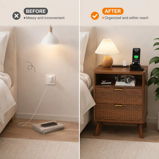 Walnut Nightstand with Drawer and Open Shelf USB Charging Station with AC Outlets
