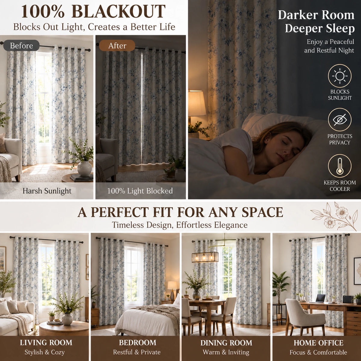4 Panels, 4color Set Floral Print Blackout Curtains, Grommet Eyelet Energy, 4Sizes