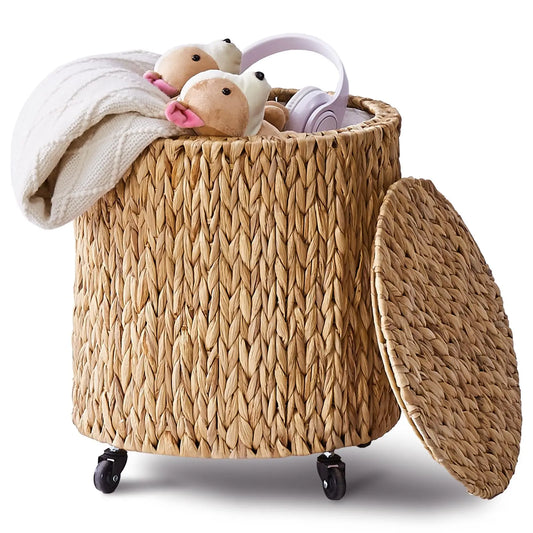 Vintage Handwoven Storage Basket, Hamper With Wheels and Lid...