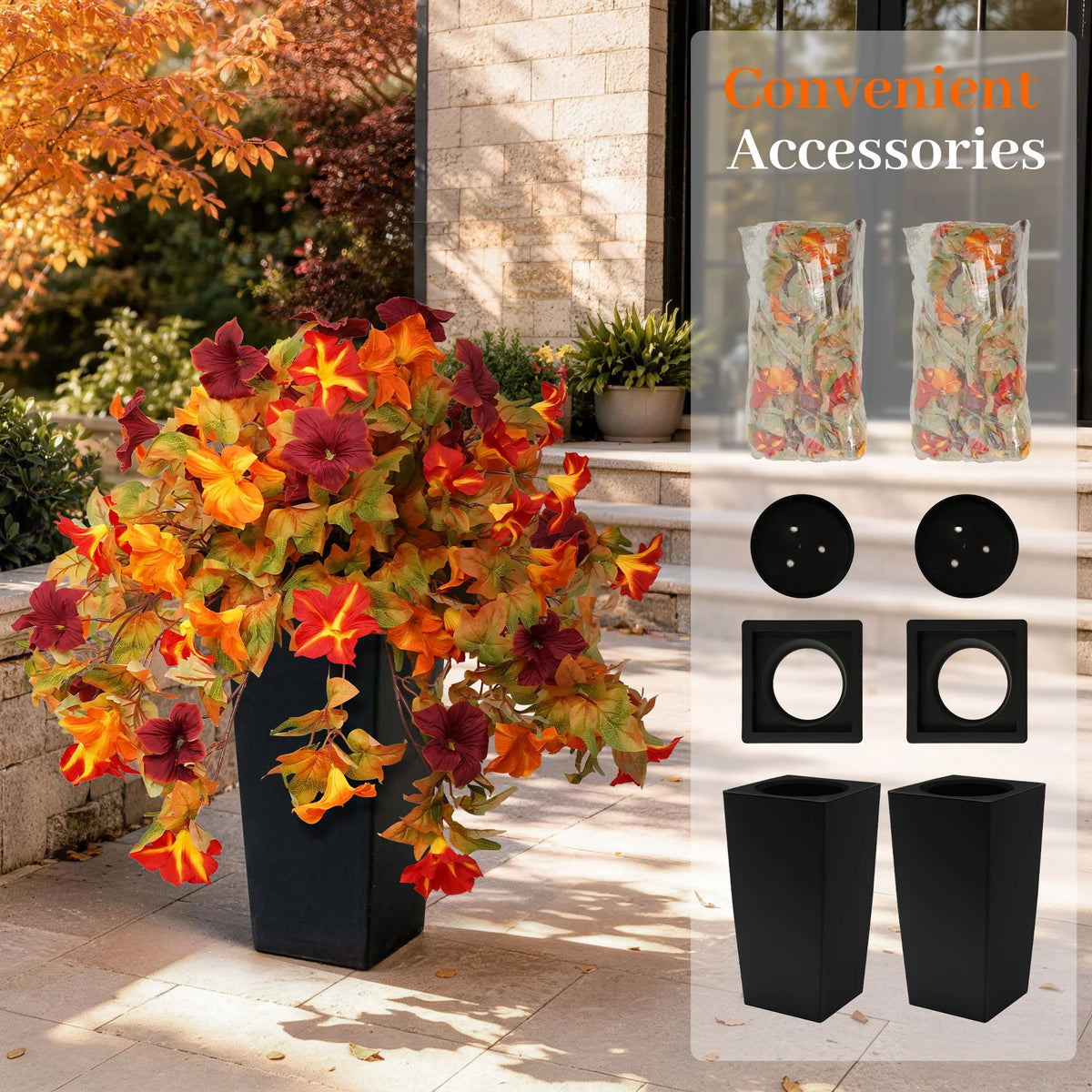 2 Pack Artificial Fall Hanging Flowers in Black Pot, Morning Glory, UV Resistant ....