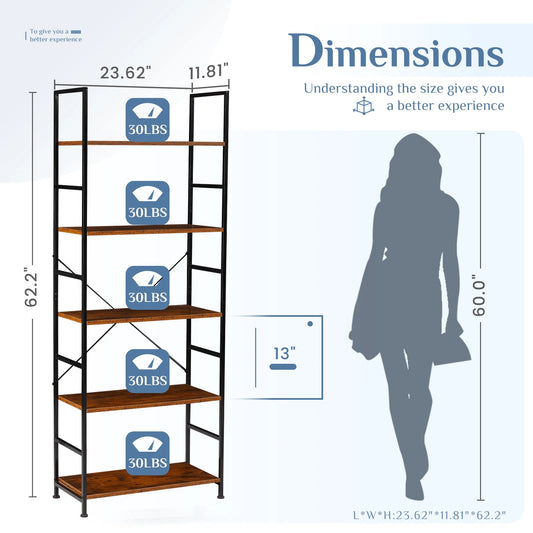 5 Tiers Metal Bookshelf Freestanding Tall Sturdy Adjustable Feet