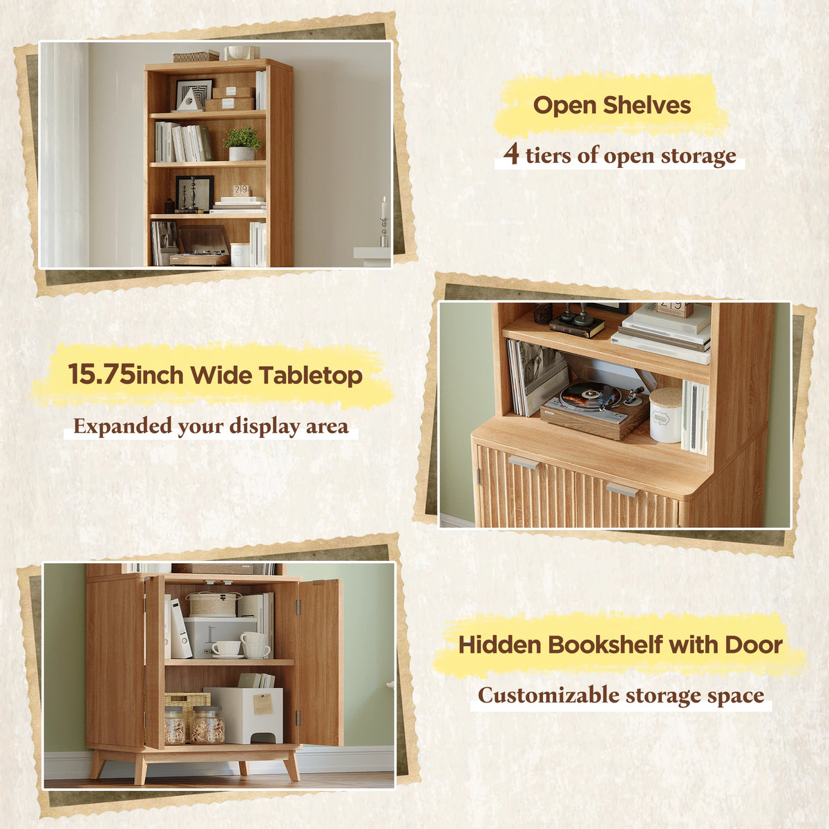 6-Tier Wooden Bookshelf, With Doors & Adjustable Shelves, Walnut....