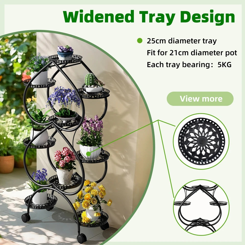 Metal Plant Stand 9-Pot Diameter 9.84 inch, Rolling Display Rack With Wheels Indoor Outdoor, 28.74x11.81x48.82 inches