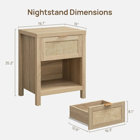 Rattan Nightstand Set of 2,Drawer & Storage Shelf ,Boho End Table