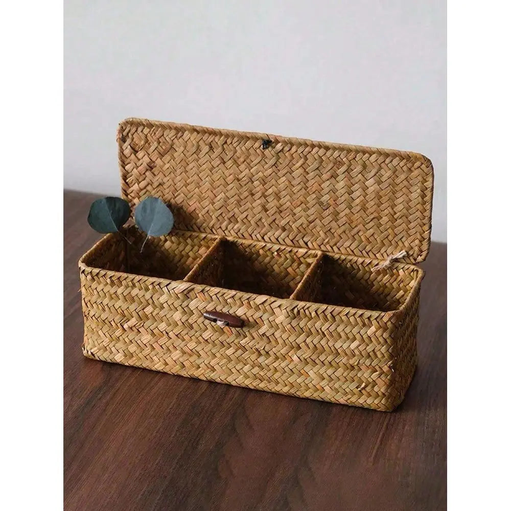 1pc Handwoven Rattan Seagrass Rustic Storage Basket With Lid...