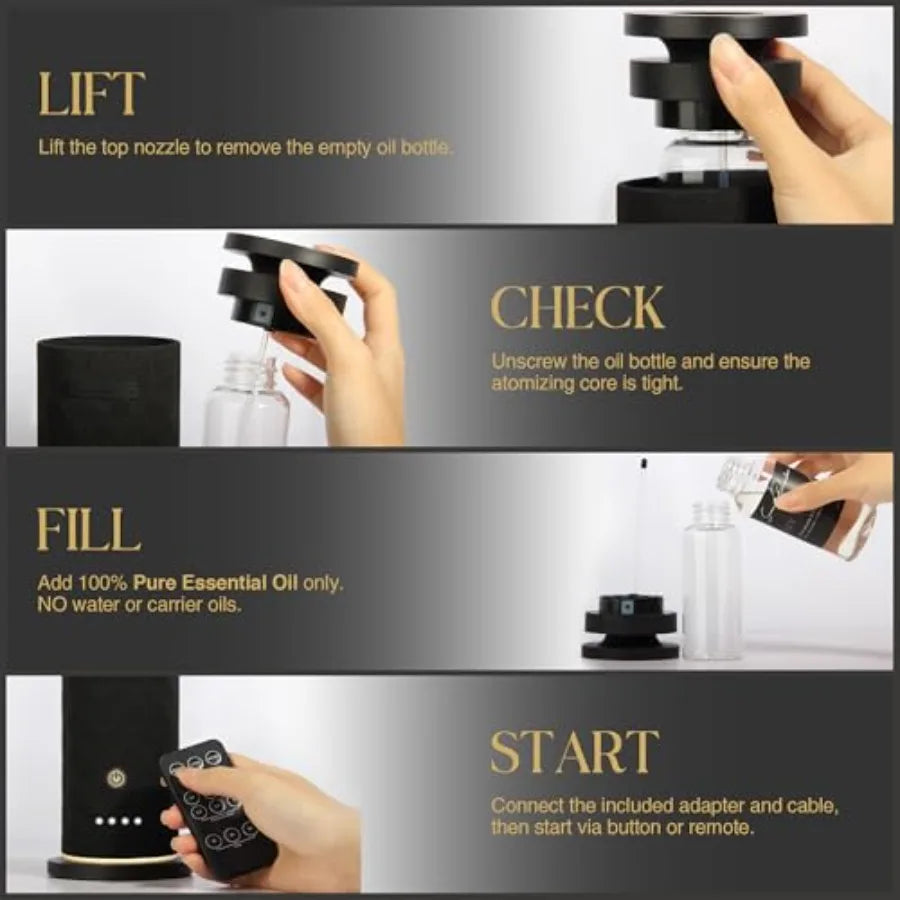 Waterless Scent Diffuser Starter Kit, Remote, USB Rechargeable, Tower Fabric Design in Black,