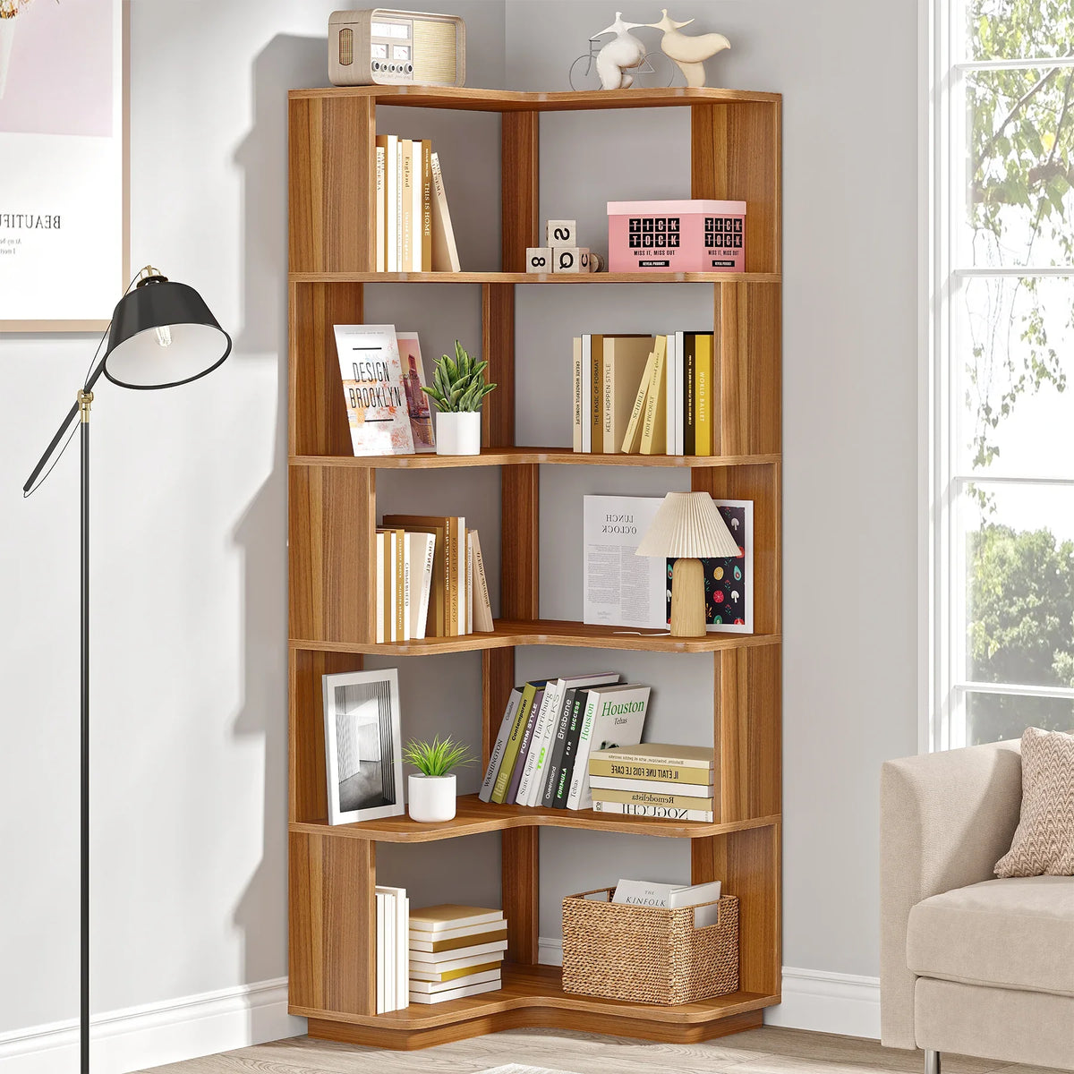 6 Tier Corner Wooden Bookshelf, 64.96 Inch Tall with Anti-Drop 64.96"D x 23.62"W x 23.62"H....