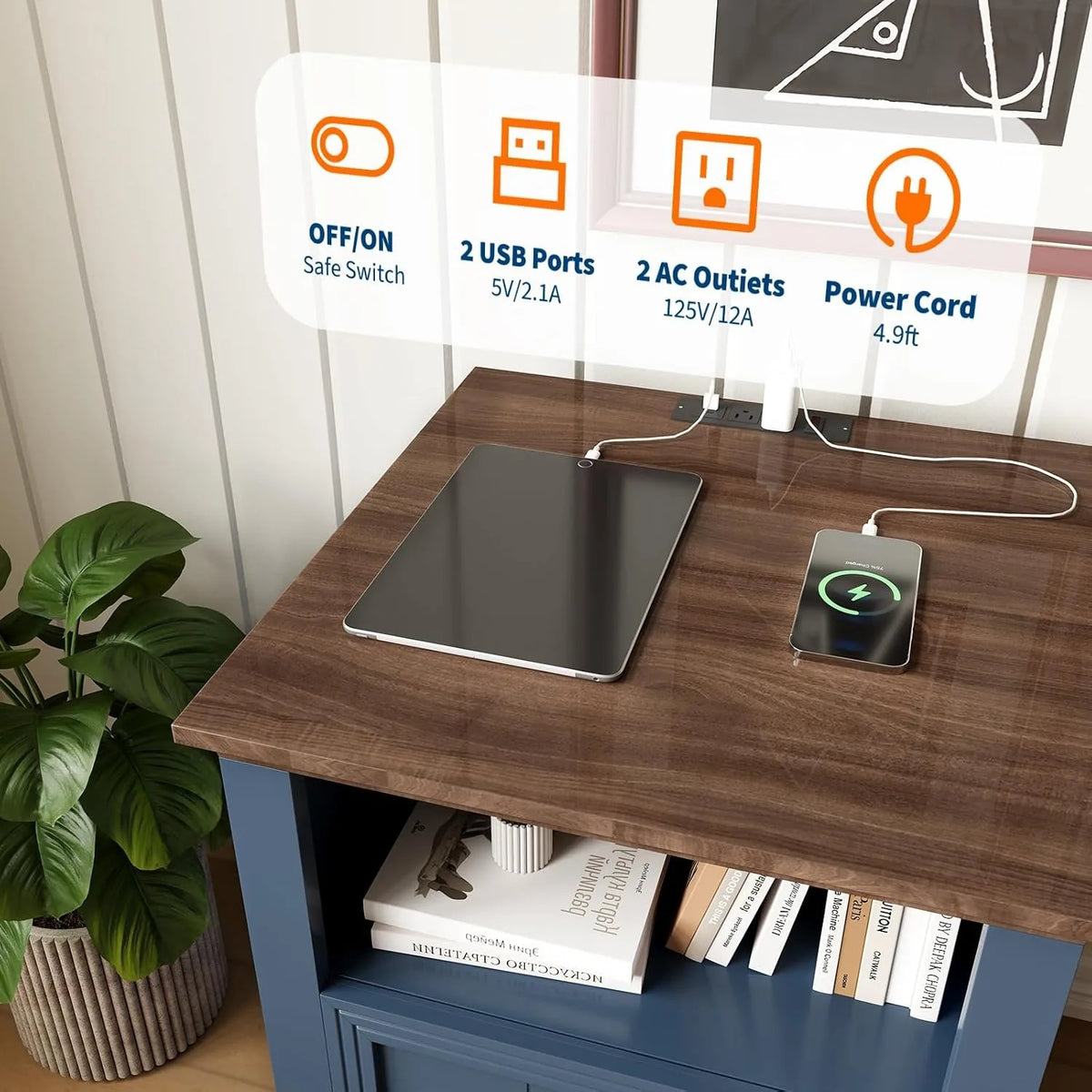 18 Inch Wood Nightstand with USB Charging Station 2 Drawer End Table, Blue