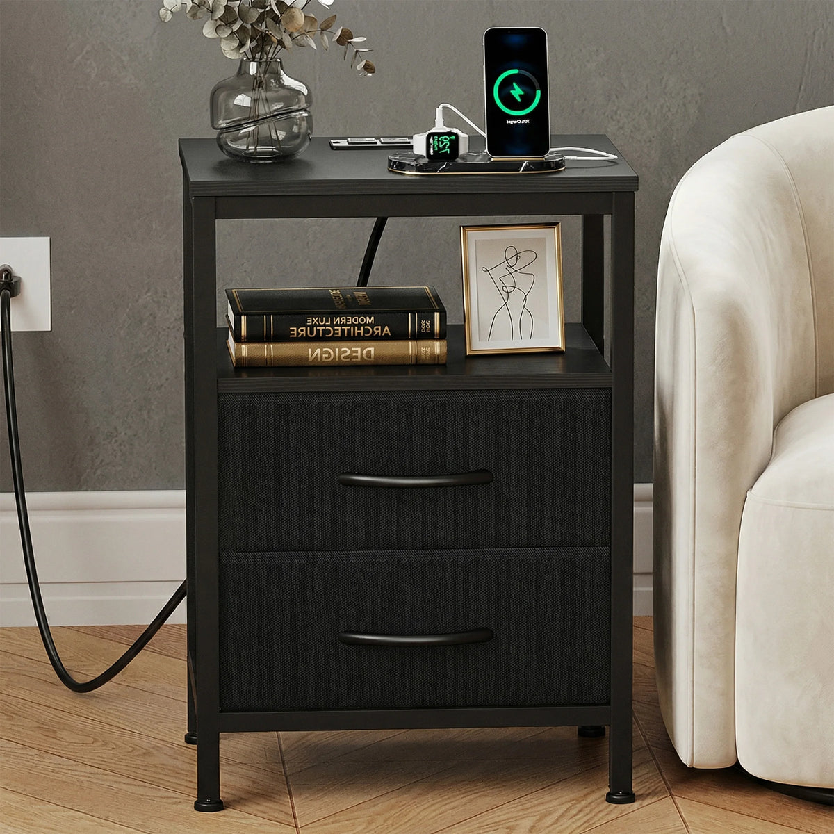 2 Fabric Drawers Bedside Night Stand with Open Shelf USB Ports