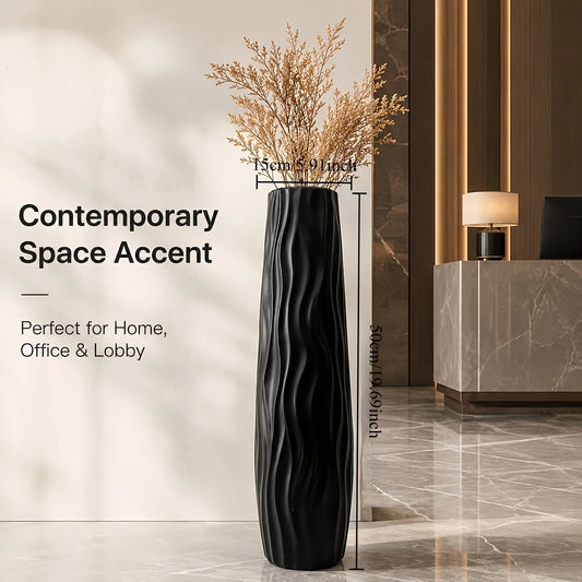 Modern Black Tall Floor Vase, Elegant Wavy Plastic Flower Pot,
