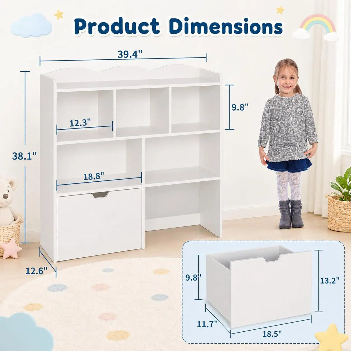Wooden Toy Storage Organizer with Rolling Drawers, Hidden Wheels, Storage Cabinet
