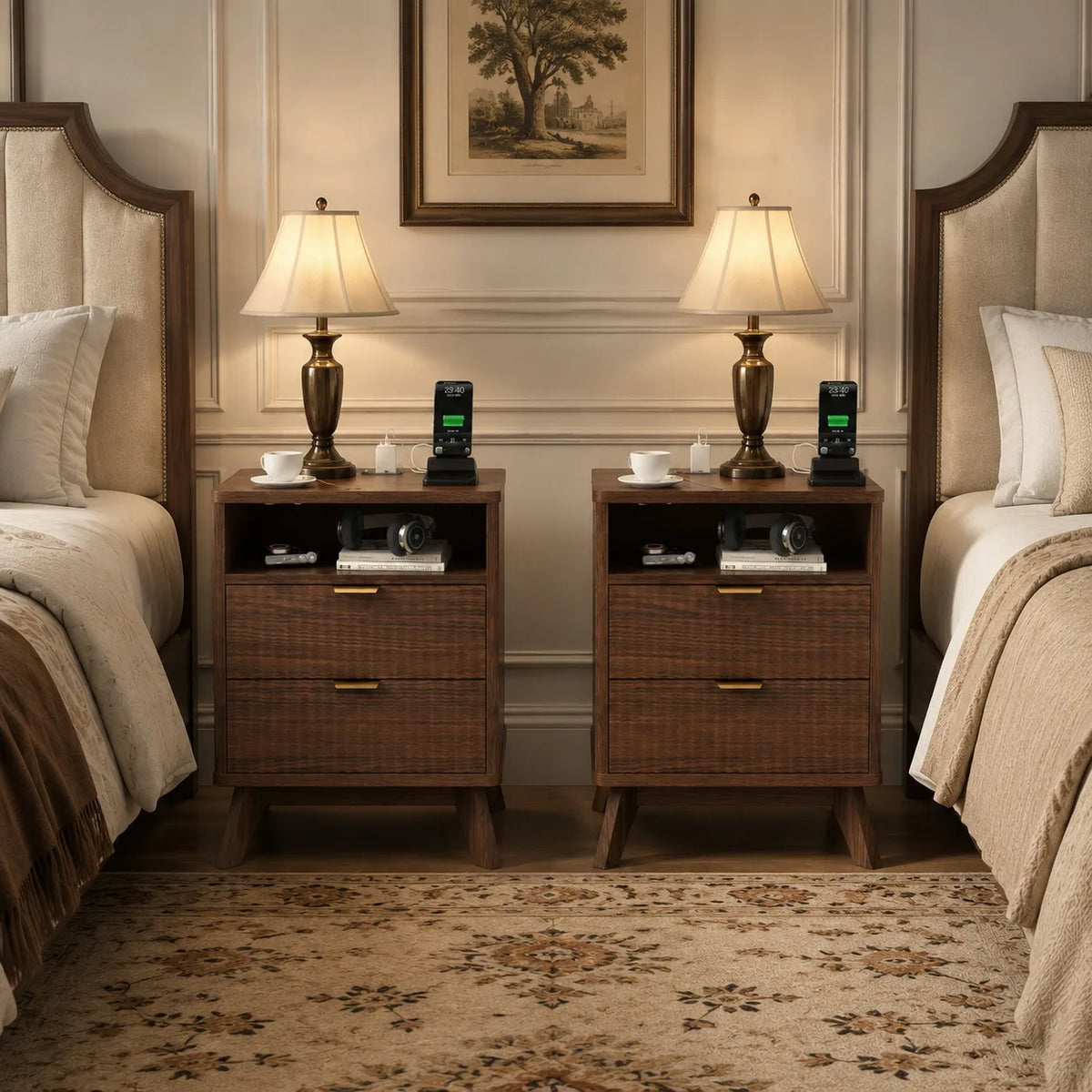 Walnut Nightstand with Drawer and Open Shelf USB Charging Station with AC Outlets