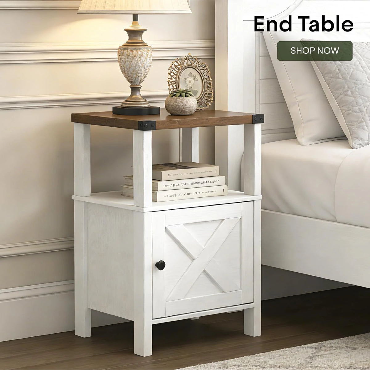 24.8" Nightstand Set 2, Wood, with Barn Door, White/Beige