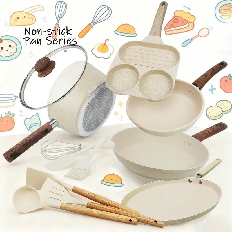 12Pcs Cream Granite Nonstick Cookware Set, With Silicone Cooking Utensils.....