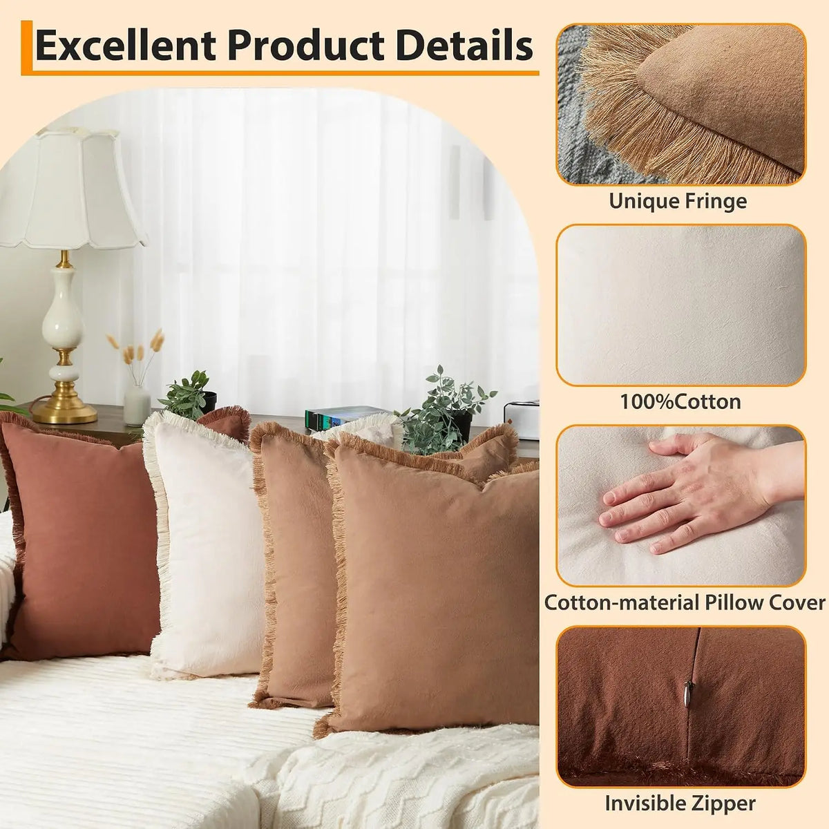 Washable Cotton Pillow Covers with Tassels – 4 Pack, 20x20 Inch,