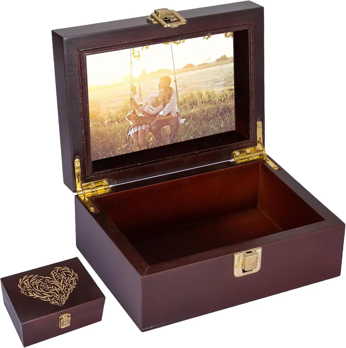 Small Wooden Keepsake Boxes With Hinged Lids and a photo frame inside....