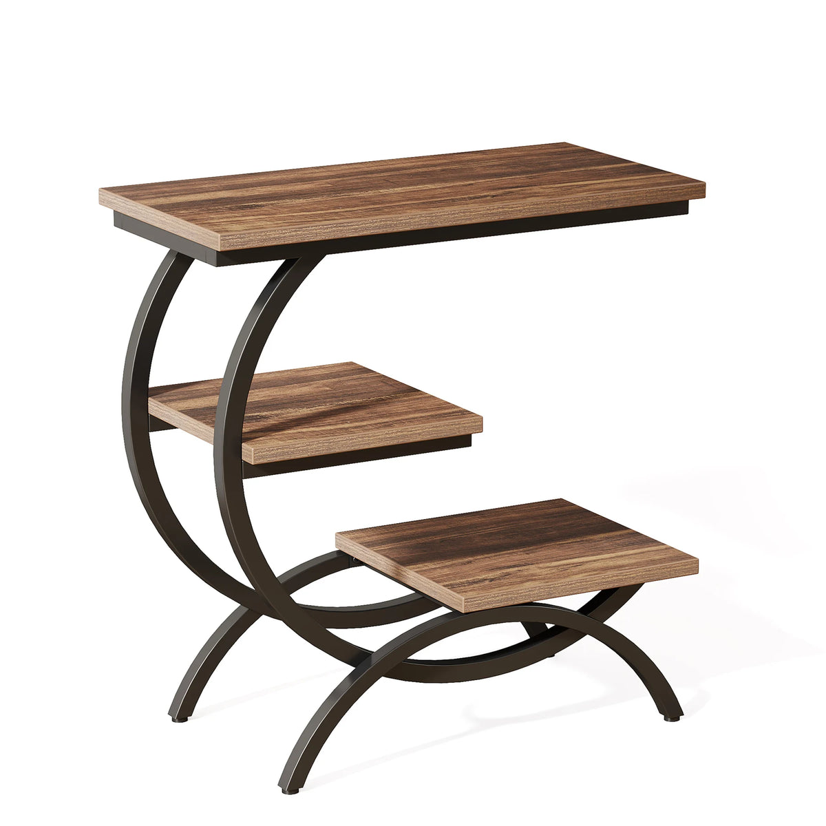 C-Shaped, Industrial 3-Tier Small, Wood Table with Storage Shelves