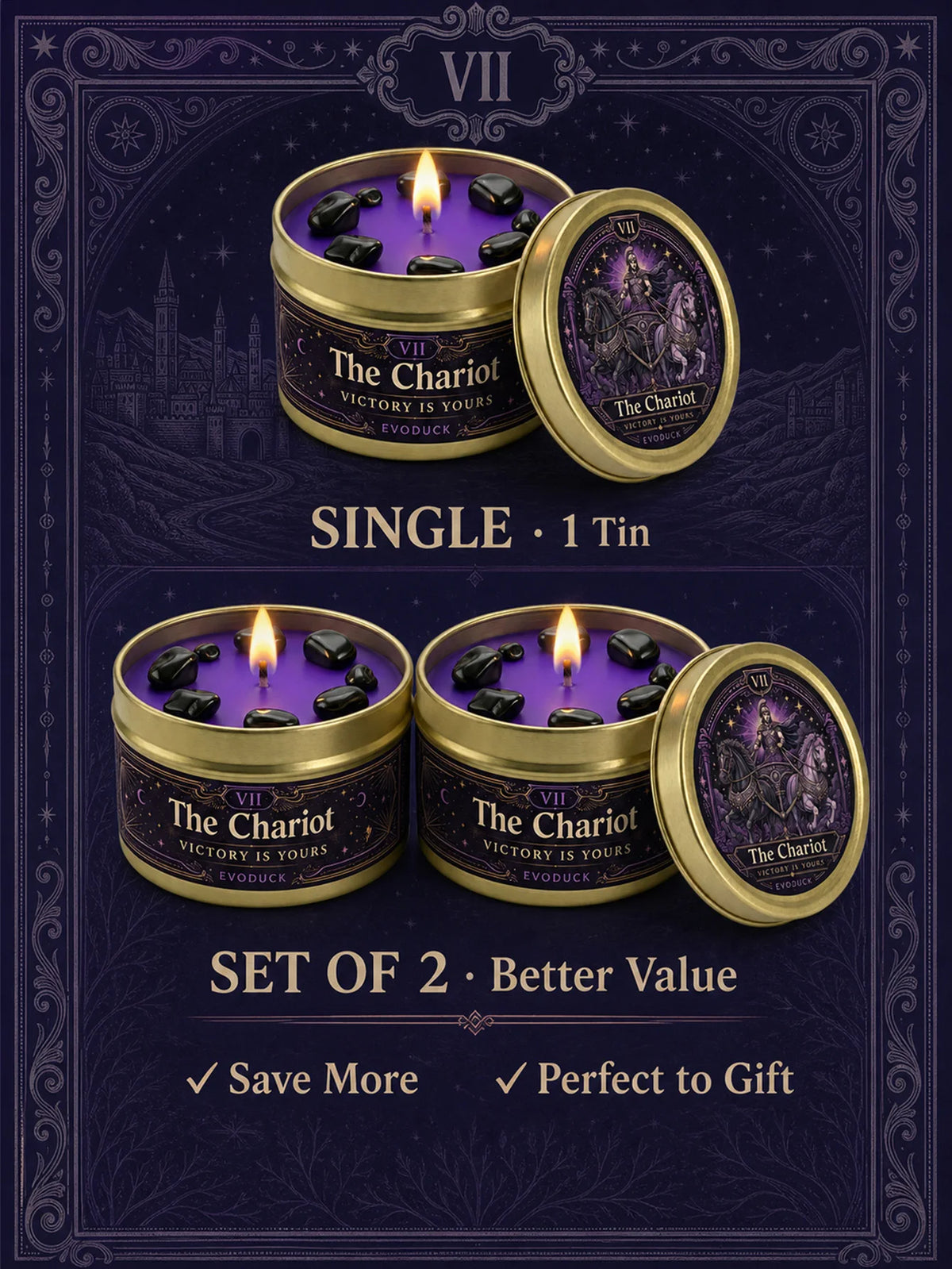3/2/1 Sets, The Chariot Tarot Candle with Black Crystal Stones, Purple Wax Scented for Meditation, 3 Oz....
