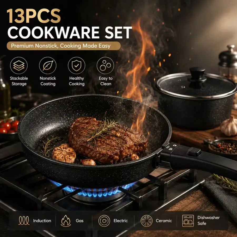 13PCS Nonstick Cookware Set With Detachable Handles, Matte Black Stackable Pots And Pans...