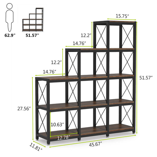 12 Shelves Bookshelf, Stepped Etagere Bookcase, 11.81"D x 45.66"W x 51.57"H