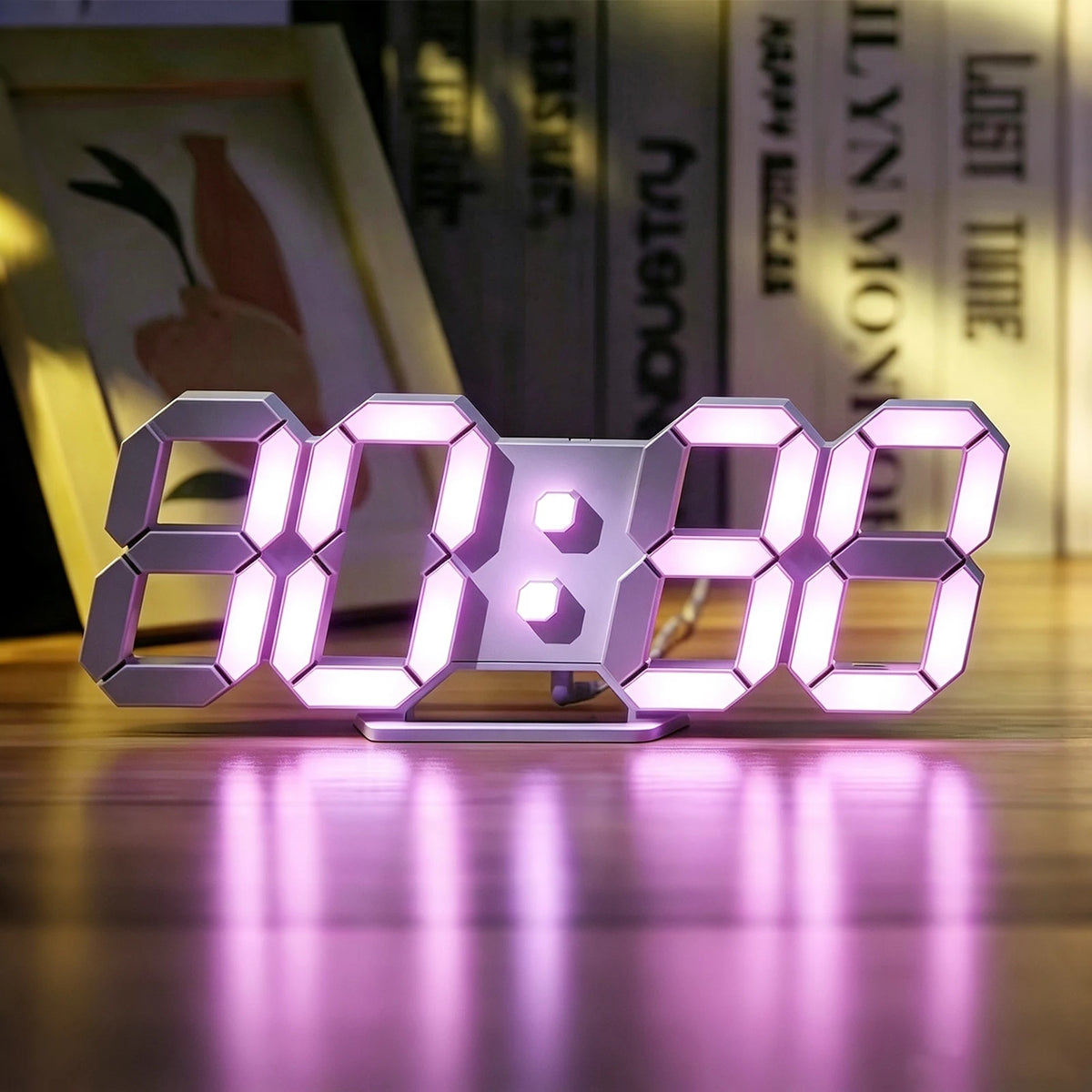3D Design LED Digital Alarm Clock, Wall Clock, Adjustable Brightness, 3 Colors
