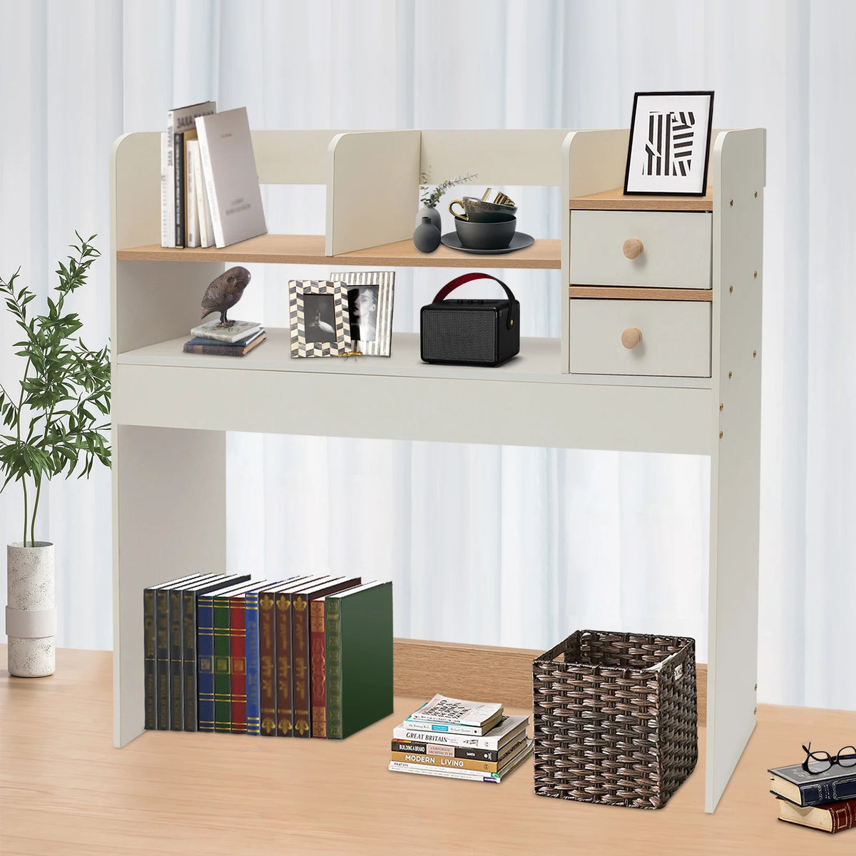 7-Compartment Wooden Desktop Bookshelf – MDF & Plywood Tabletop with 22.05lbs Load Capacity....