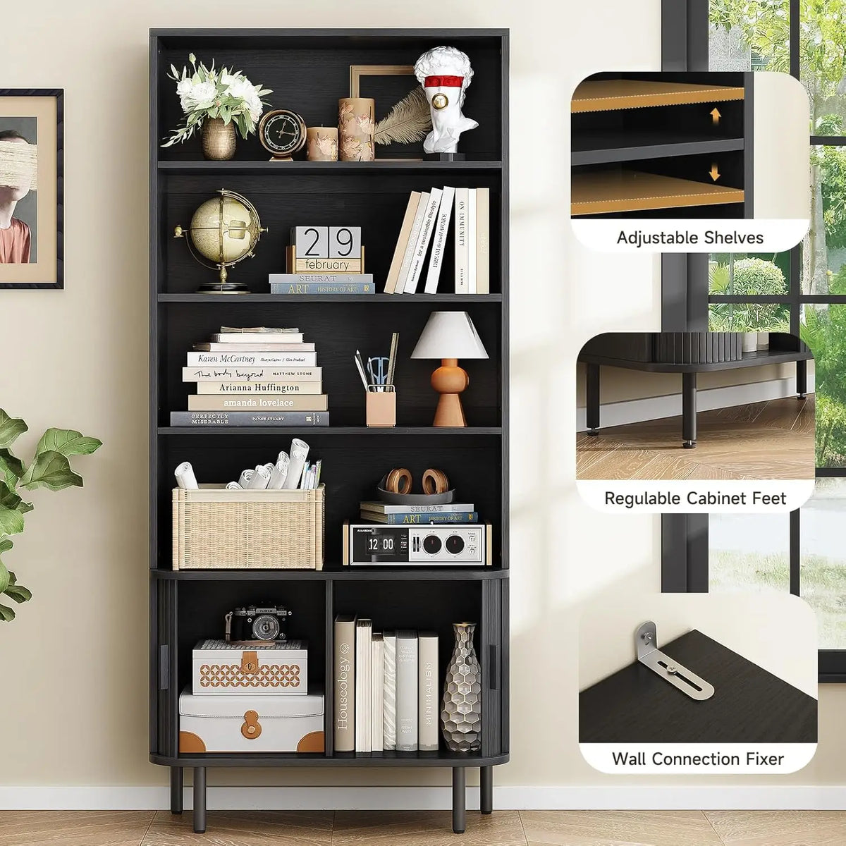 71 Inch Sliding Door Wooden Bookshelf with Adjustable Shelves, Freestanding.....