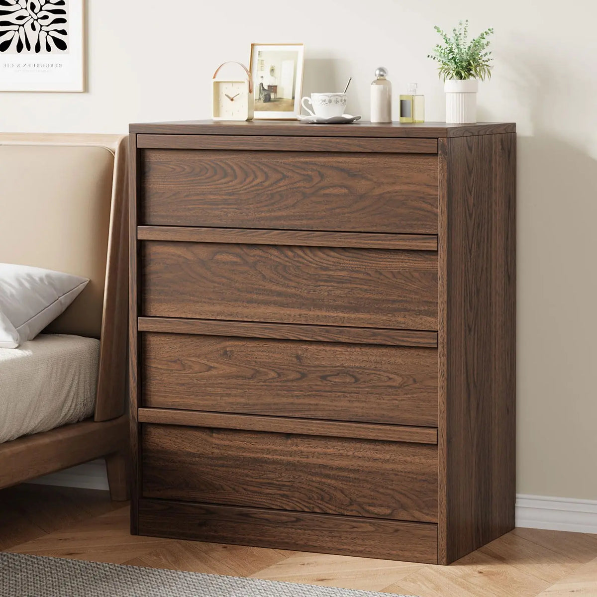 4 Drawer Nightstand Wooden Bedside Table With Large Storage