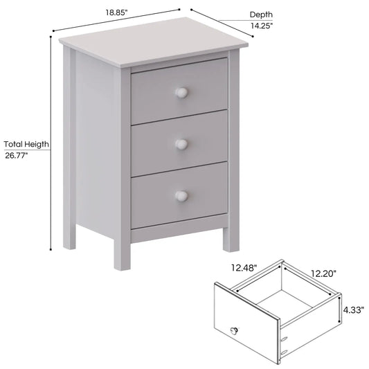 Tall Nightstand with 3 Drawers - Solid Pine Wood Table Gray...