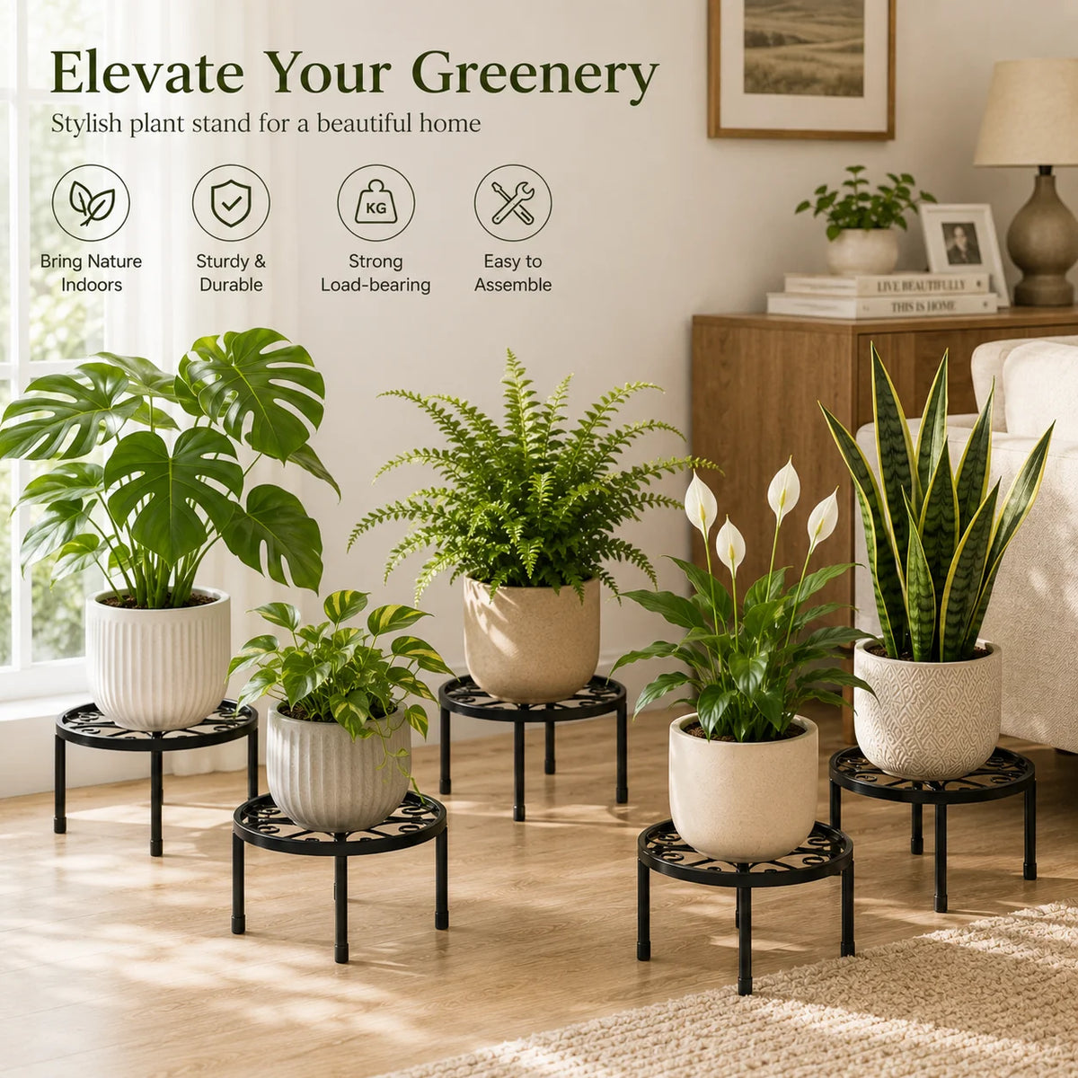 Metal Plant Stand, Black, with Raised Edge, Indoor & Outdoor....