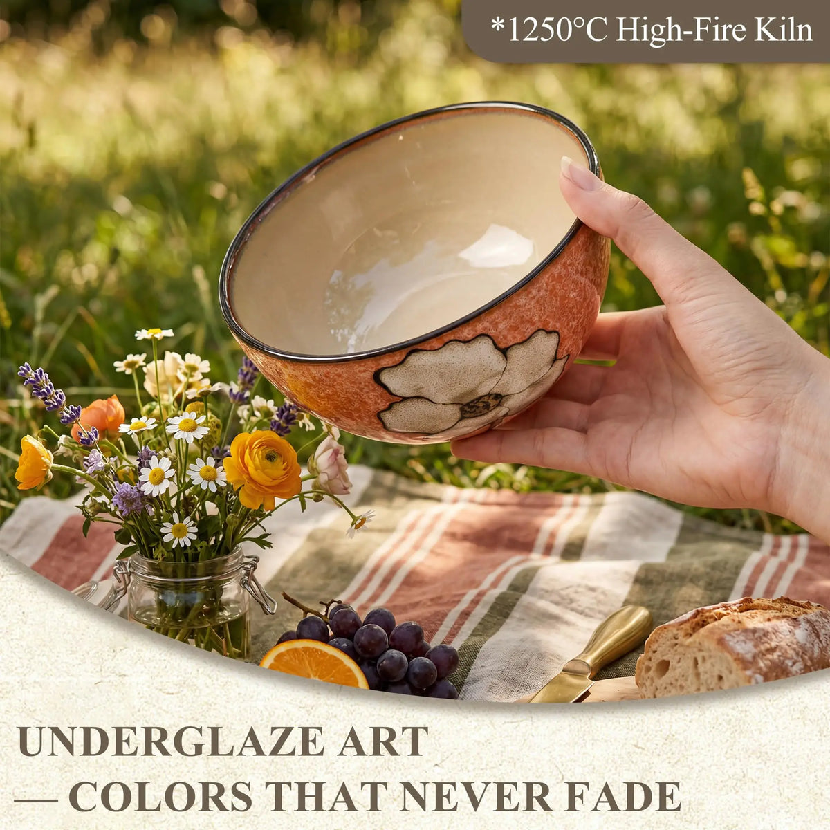 Set Of 4 Hand Painted Ceramic Cereal Bowls 6 Inch, Dishwasher Microwave And Oven Safe